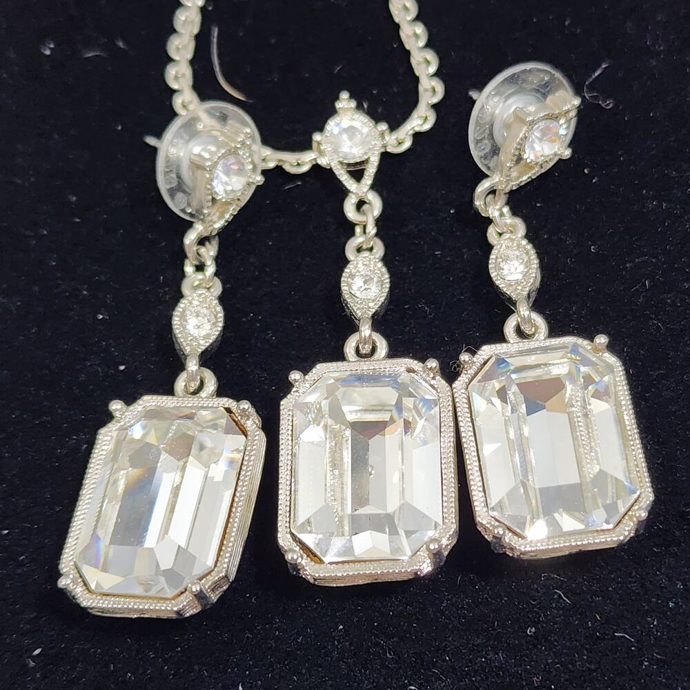 Necklace Earrings Set Faceted Crystal Rectangle Emerald Cut Drop ST 2028 Vintage